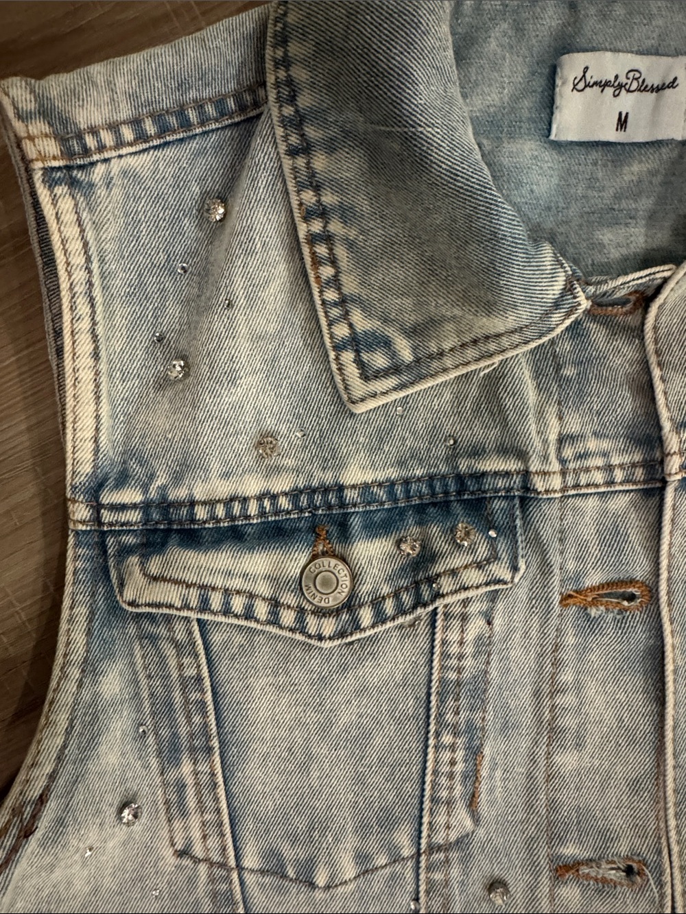 Simply Blessed Acid Light Wash Denim Vest with Stud Detail- Getaway car lyrics M